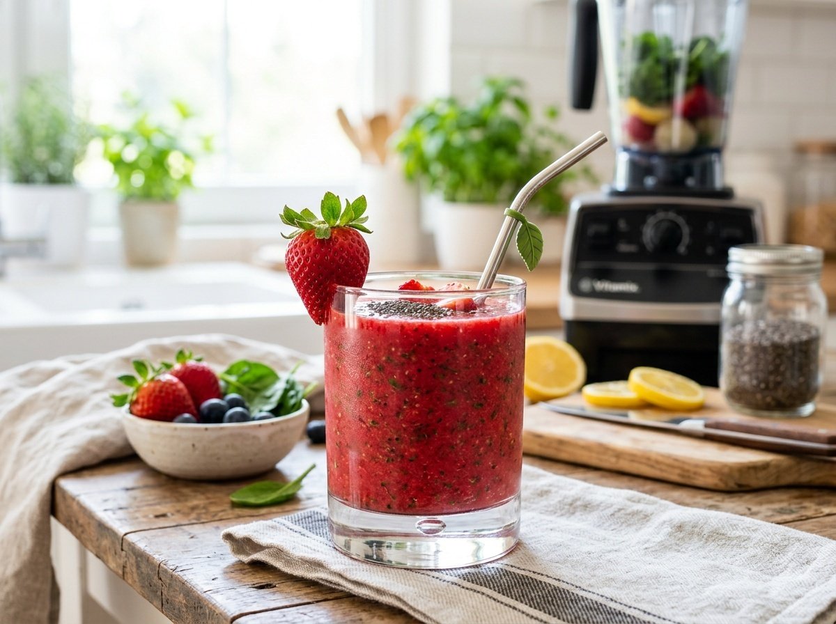 A bright strawberry detox smoothie in a glass with a strawberry garnish, decorated with chia seeds, placed on a kitchen counter.