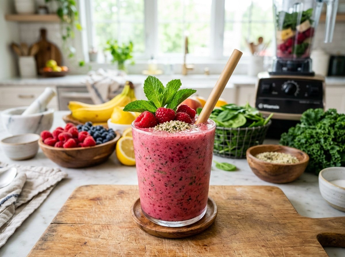 Tangy Raspberry Detox Smoothie Recipe A bright pink raspberry detox smoothie in a glass, garnished with raspberries and mint, set in a vibrant kitchen.