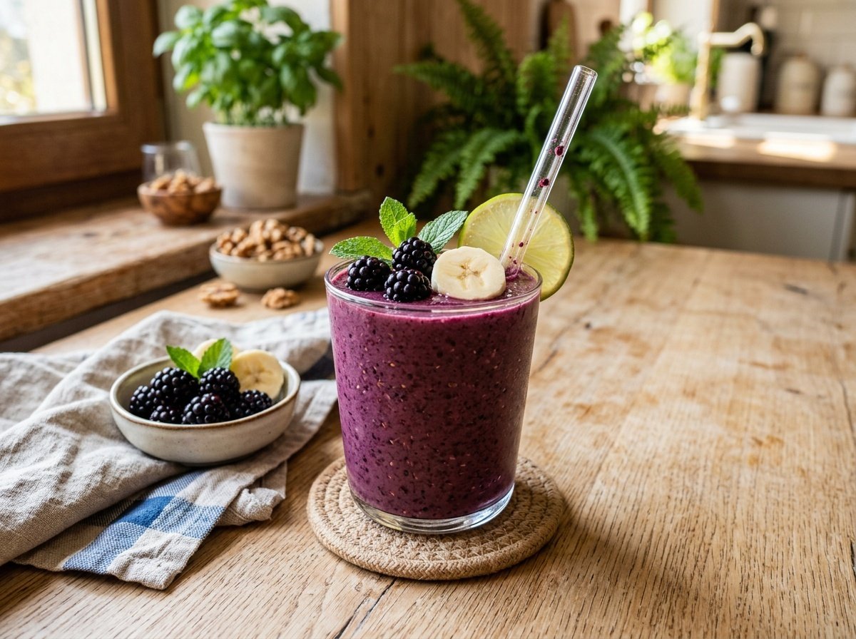A refreshing blackberry detox smoothie garnished with blackberries and a banana slice in a clear glass.