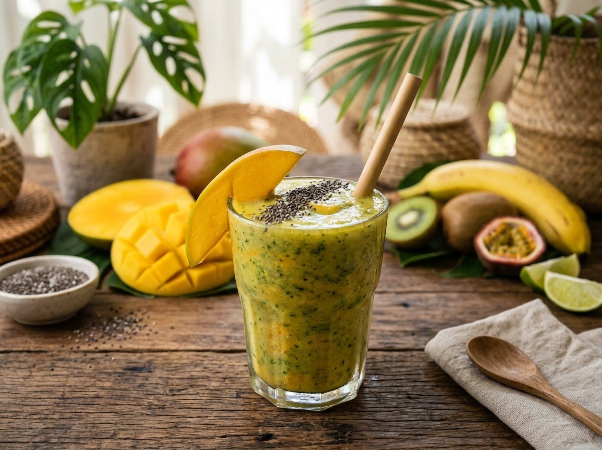 A refreshing mango detox smoothie with spinach and banana, garnished with a mango slice and chia seeds, on a wooden table.