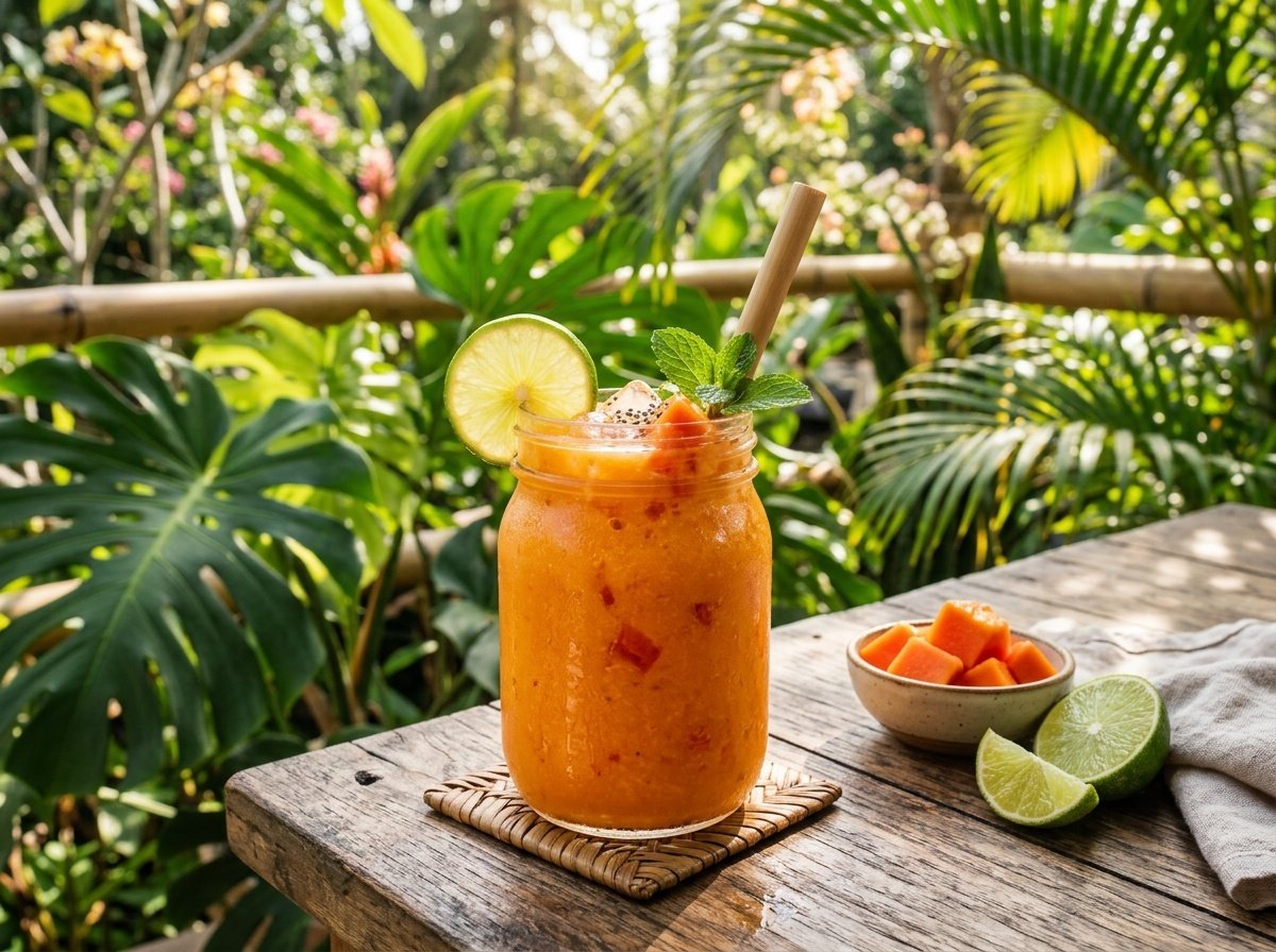 Refreshing Papaya Detox Smoothie Recipe A glass of bright orange papaya detox smoothie, garnished with lime and tropical leaves.