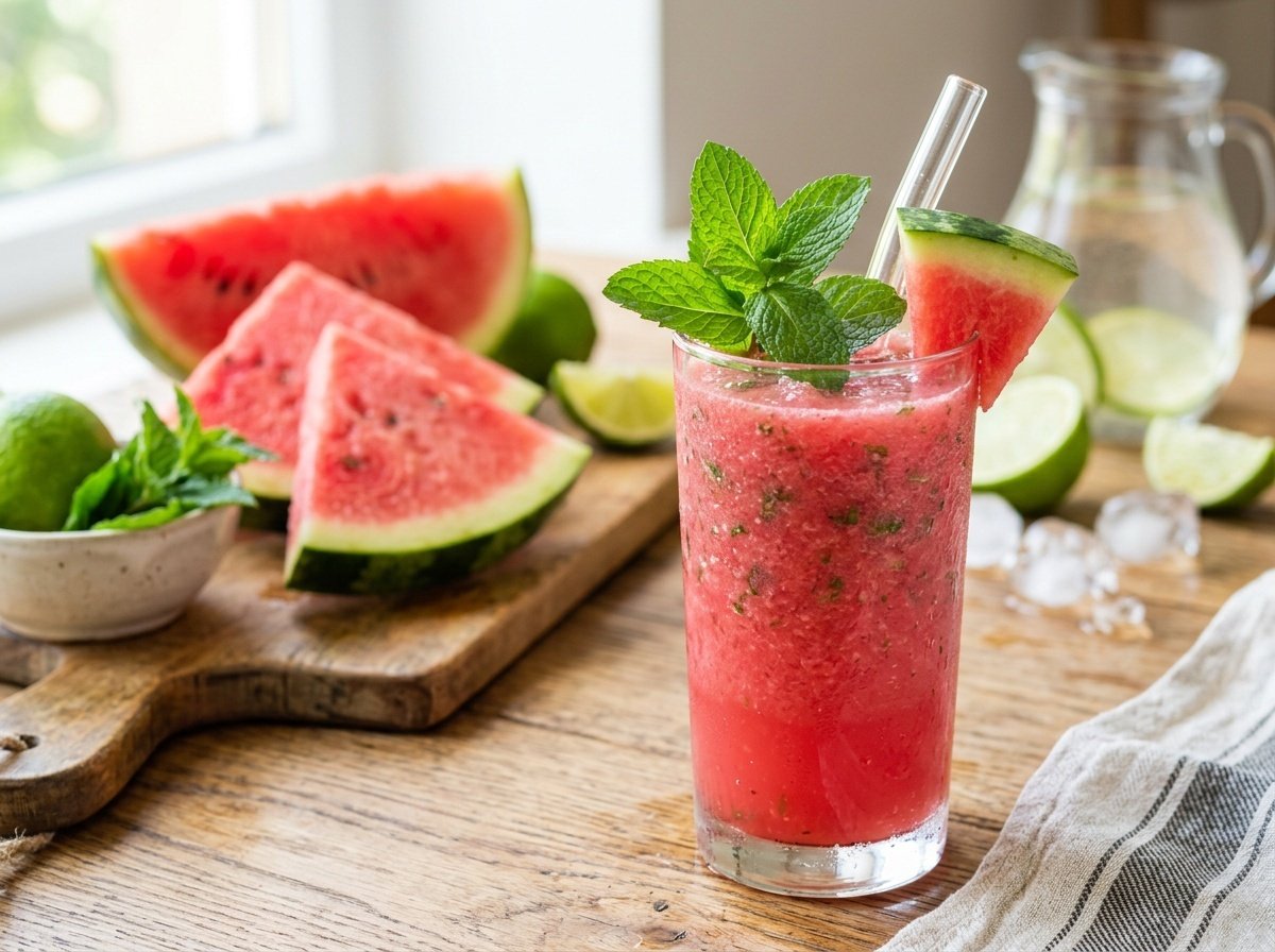Refreshing Watermelon Detox Smoothie Recipe A tall glass of watermelon detox smoothie with mint garnish, surrounded by watermelon and lime slices.