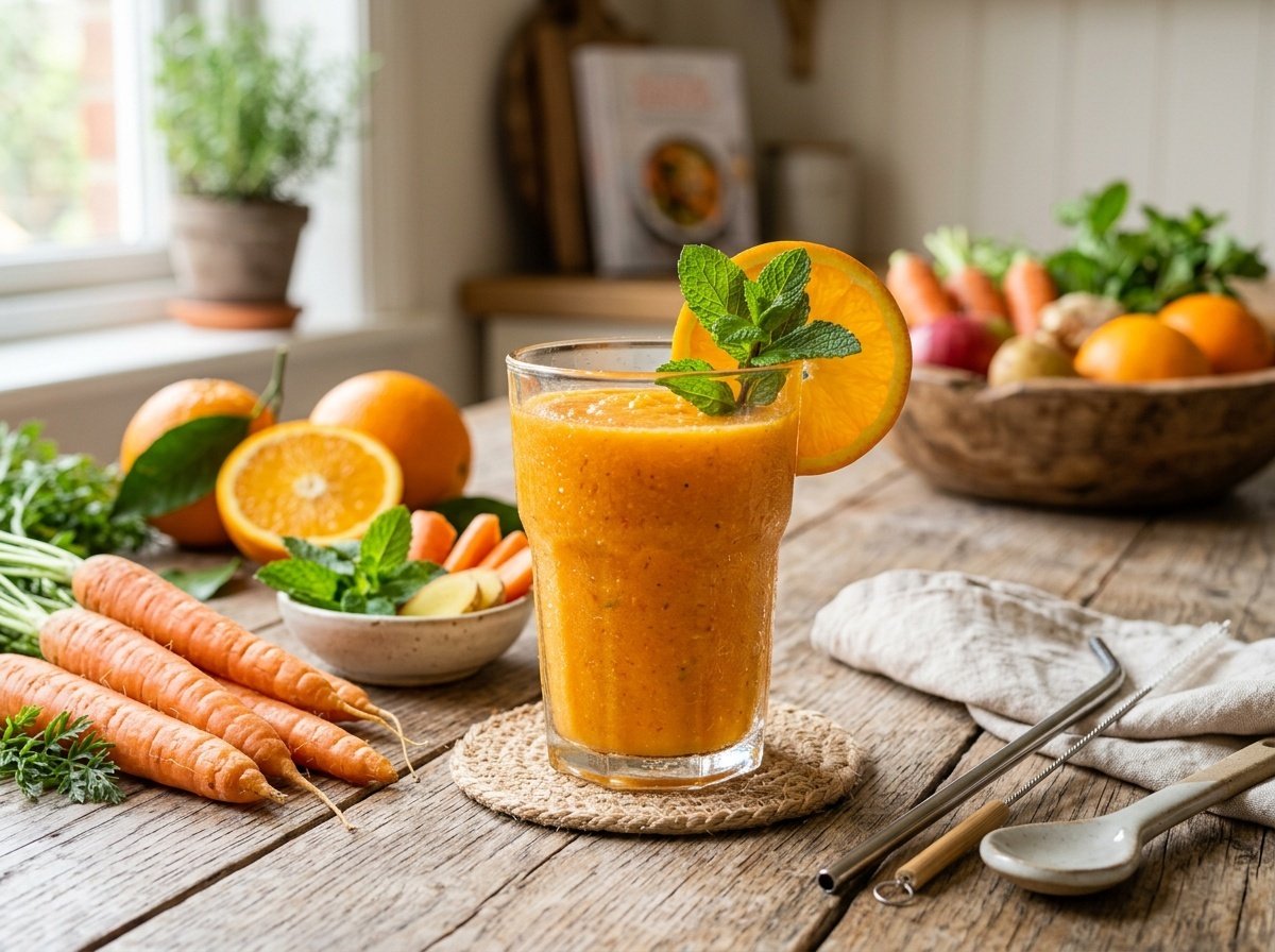 Bright Orange Citrus Detox Smoothie Recipe Bright orange detox smoothie in glass, garnished with orange slice and mint, on wooden table with fresh oranges and carrots.