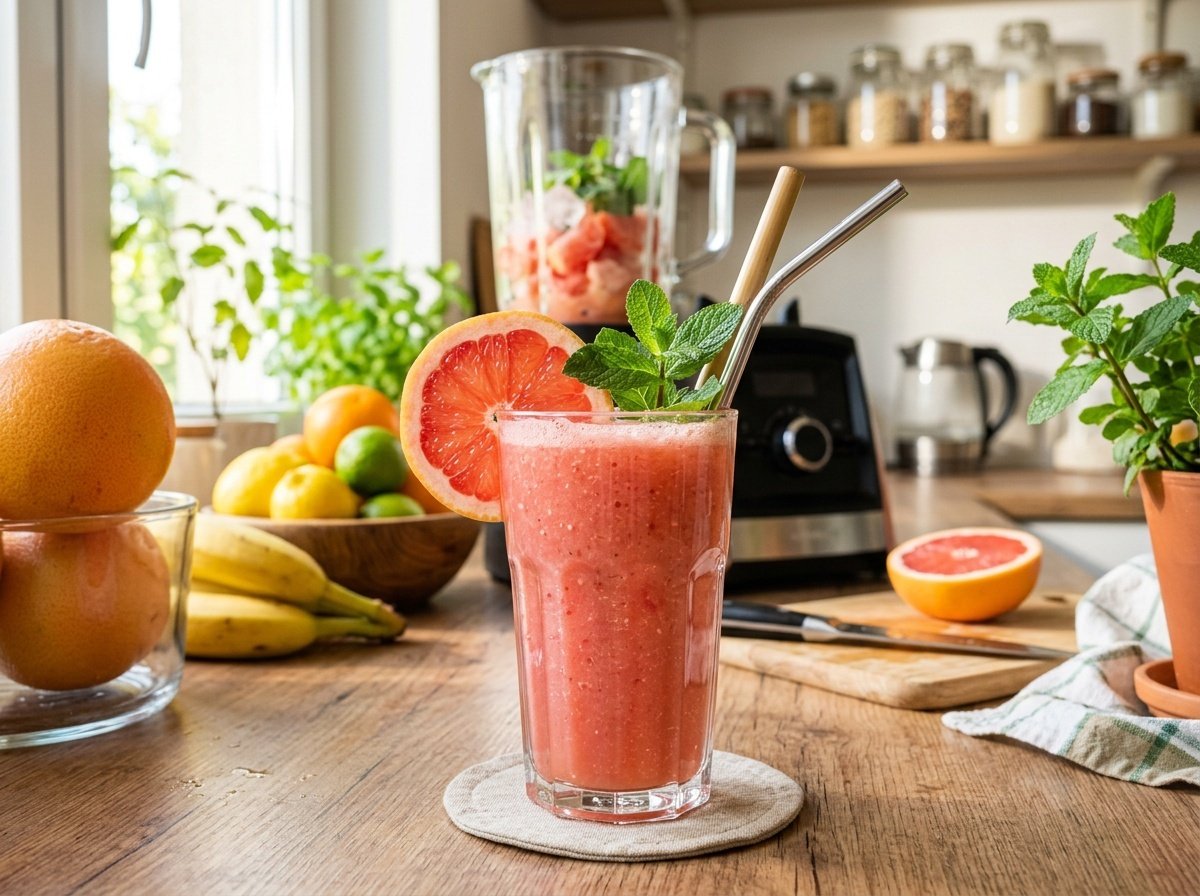 A clear glass filled with grapefruit detox smoothie garnished with grapefruit slice and mint, on a sunny kitchen counter.