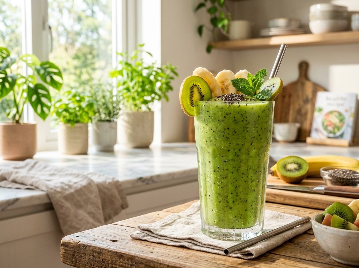 A refreshing green kiwi detox smoothie in a glass, garnished with kiwi slices and chia seeds.
