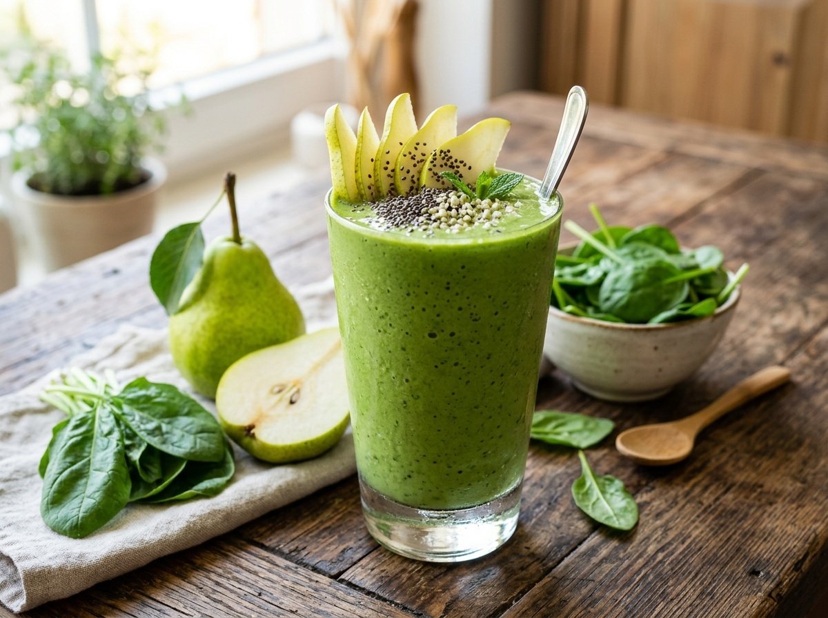 Creamy Pear Detox Smoothie Recipe A creamy green pear detox smoothie in a glass, garnished with pear slices and chia seeds, on a rustic wooden table.