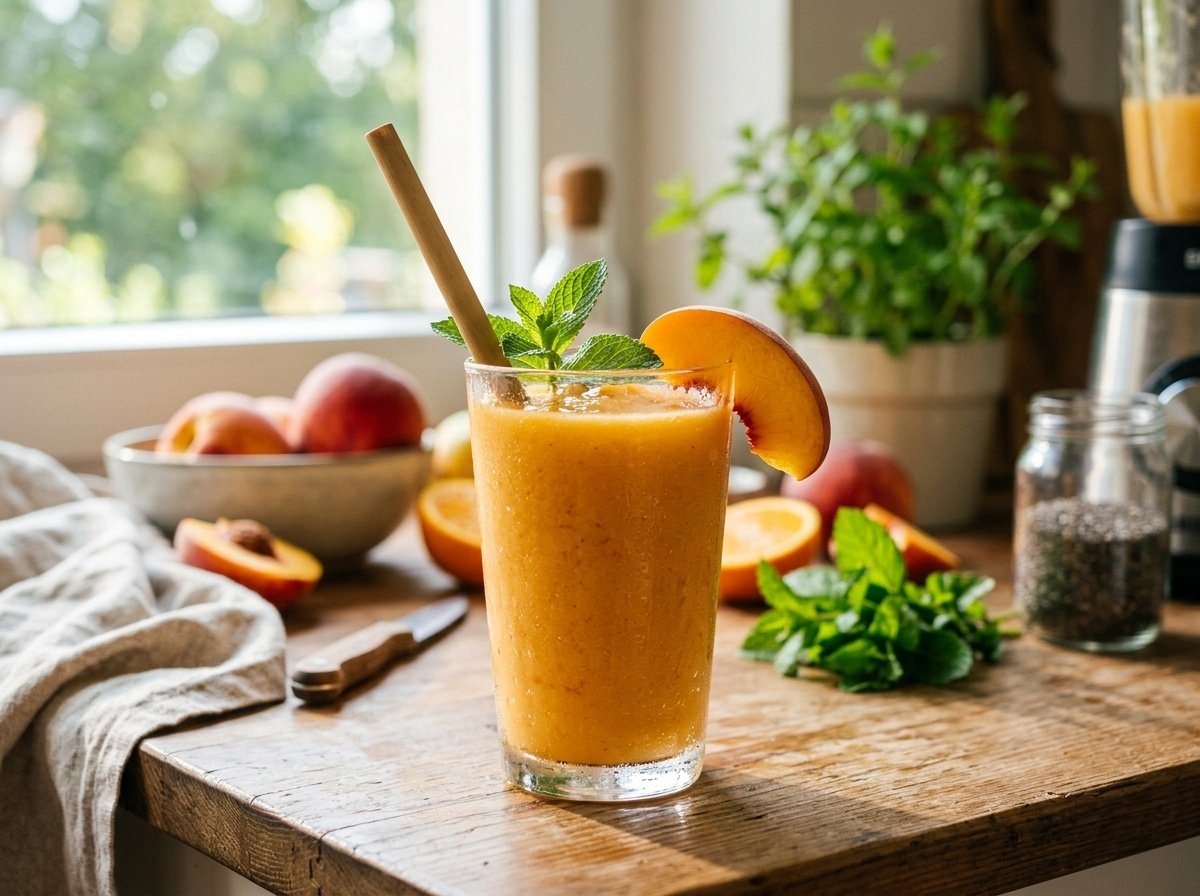 Refreshing Peach Detox Smoothie Recipe A clear glass of peach detox smoothie garnished with peach slice and mint, surrounded by fresh fruits.