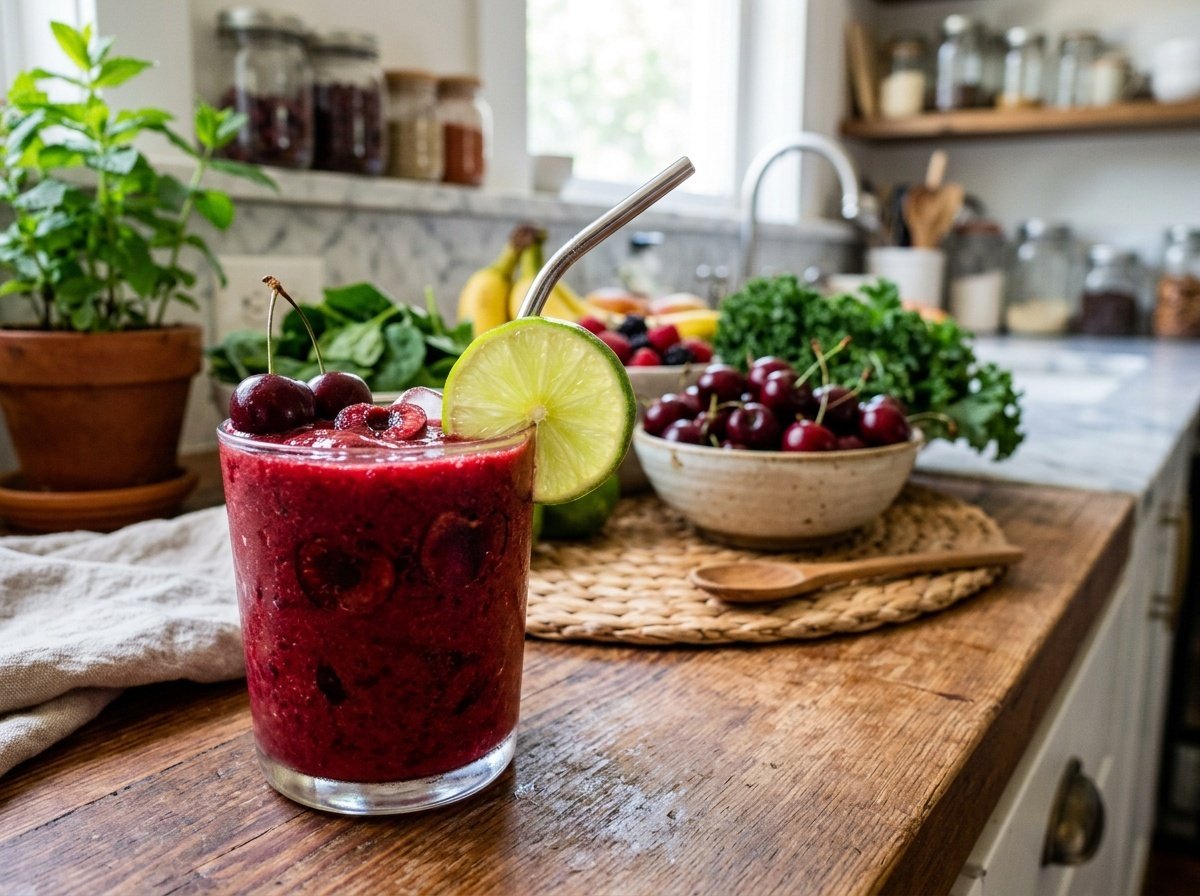 Sweet Cherry Detox Smoothie Recipe A refreshing cherry detox smoothie in a glass, decorated with cherries and lime, showcasing its vibrant color amongst fresh fruits.