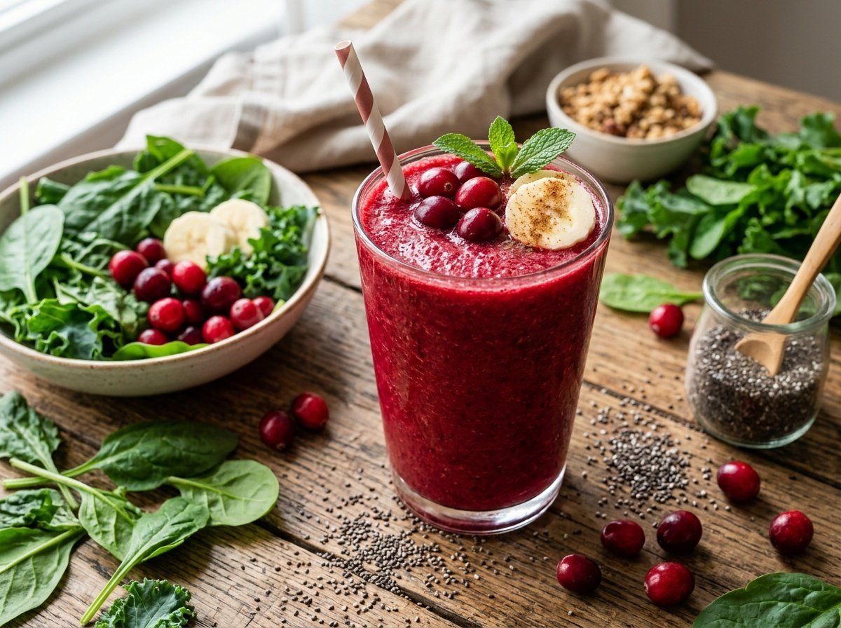 Tart Cranberry Detox Smoothie Recipe Refreshing cranberry detox smoothie in a glass with cranberries and banana, on a wooden table with leafy greens.