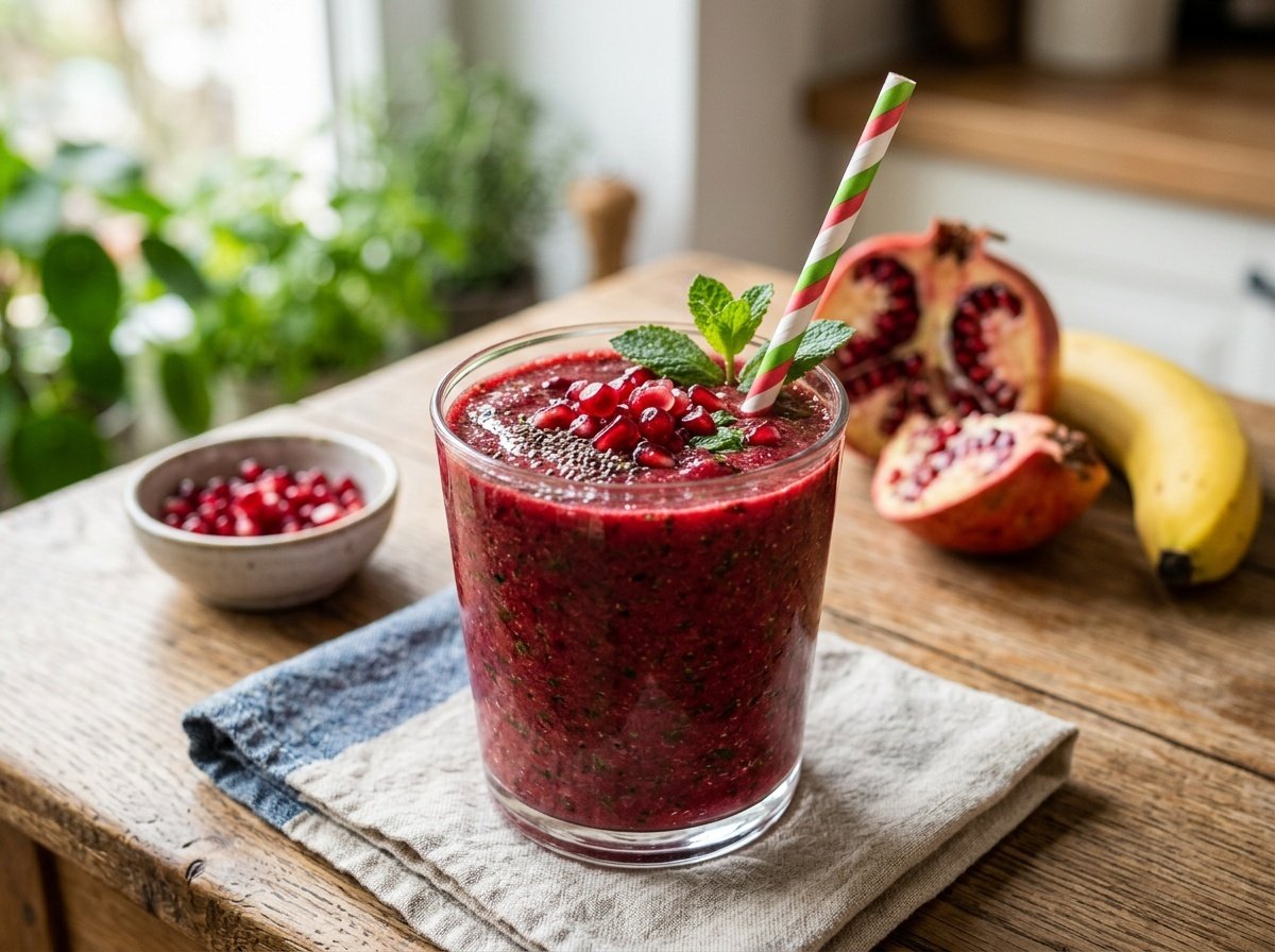 Jewel-Toned Pomegranate Detox Smoothie Recipe A refreshing pomegranate detox smoothie with spinach and banana served in a glass, garnished with pomegranate seeds.