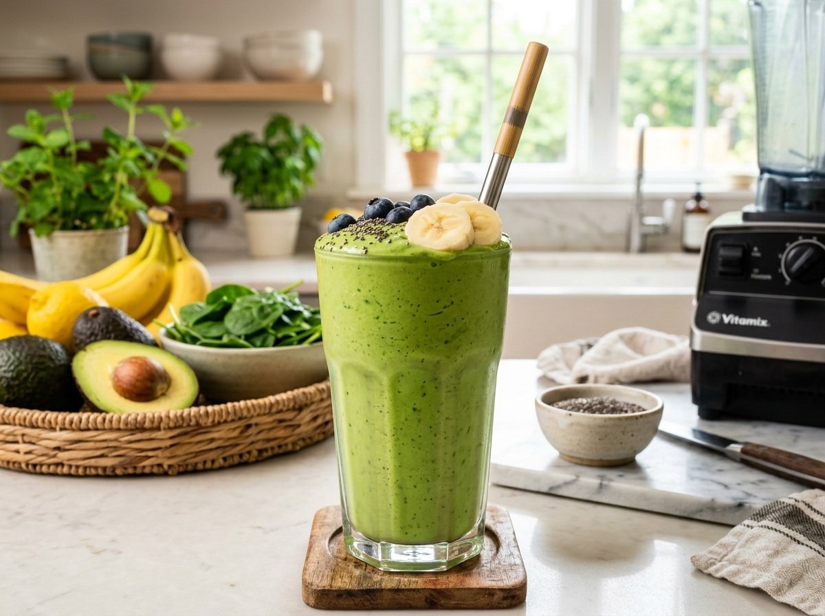 A creamy avocado detox smoothie in a glass, topped with chia seeds and banana slice, on a kitchen counter with fresh ingredients.