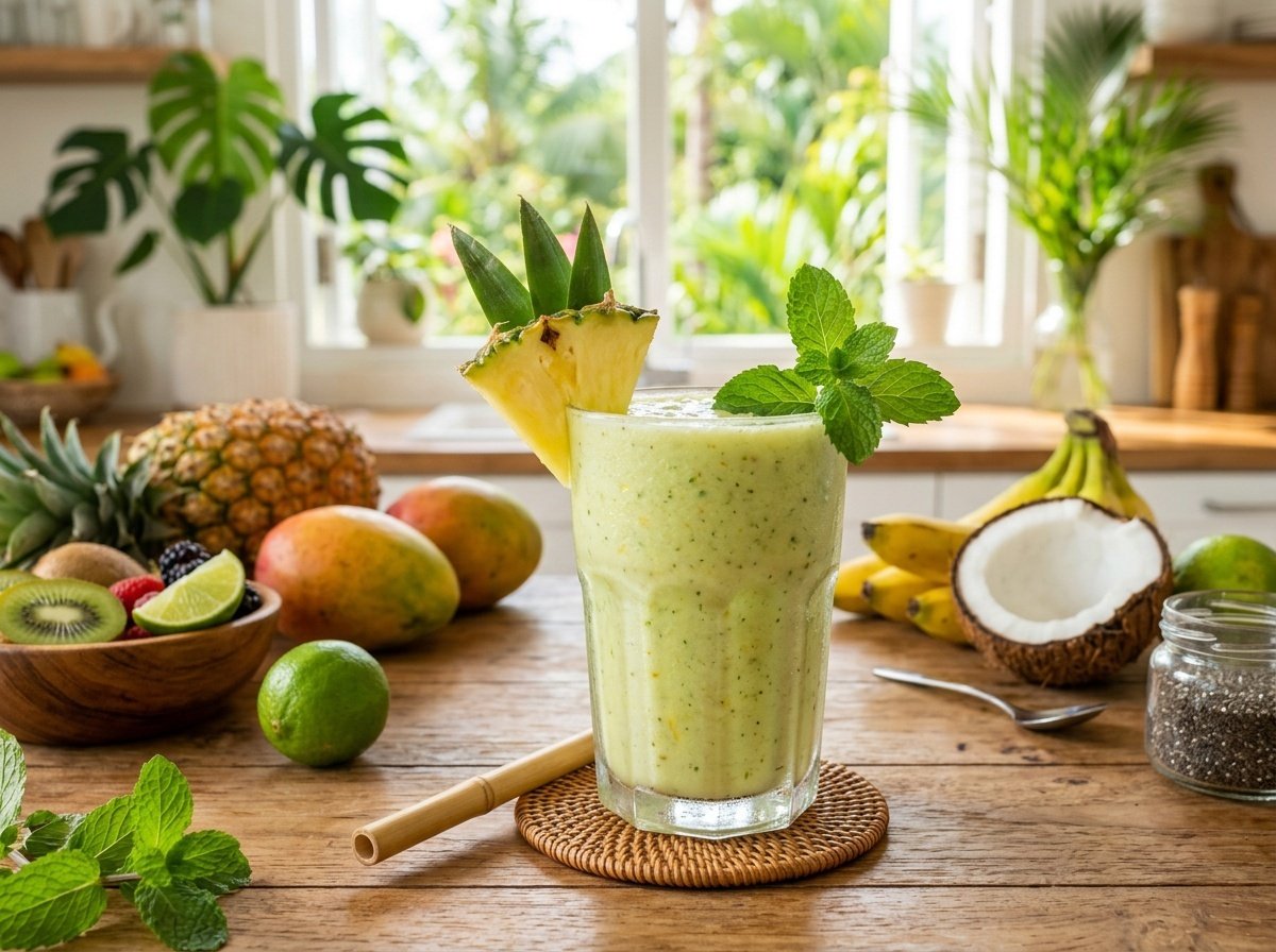 Tropical Coconut Detox Smoothie Recipe A colorful coconut detox smoothie in a glass with pineapple and mint garnish, surrounded by tropical fruits.