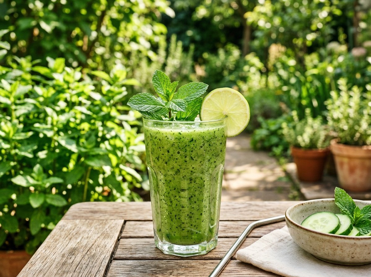 Cooling mint detox smoothie in a glass with mint leaves and cucumber, set in a sunlit garden.