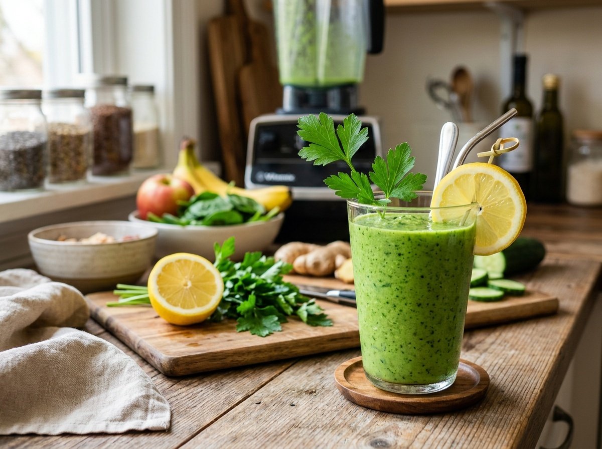 A refreshing green parsley detox smoothie in a glass, garnished with parsley and lemon, surrounded by fresh ingredients.