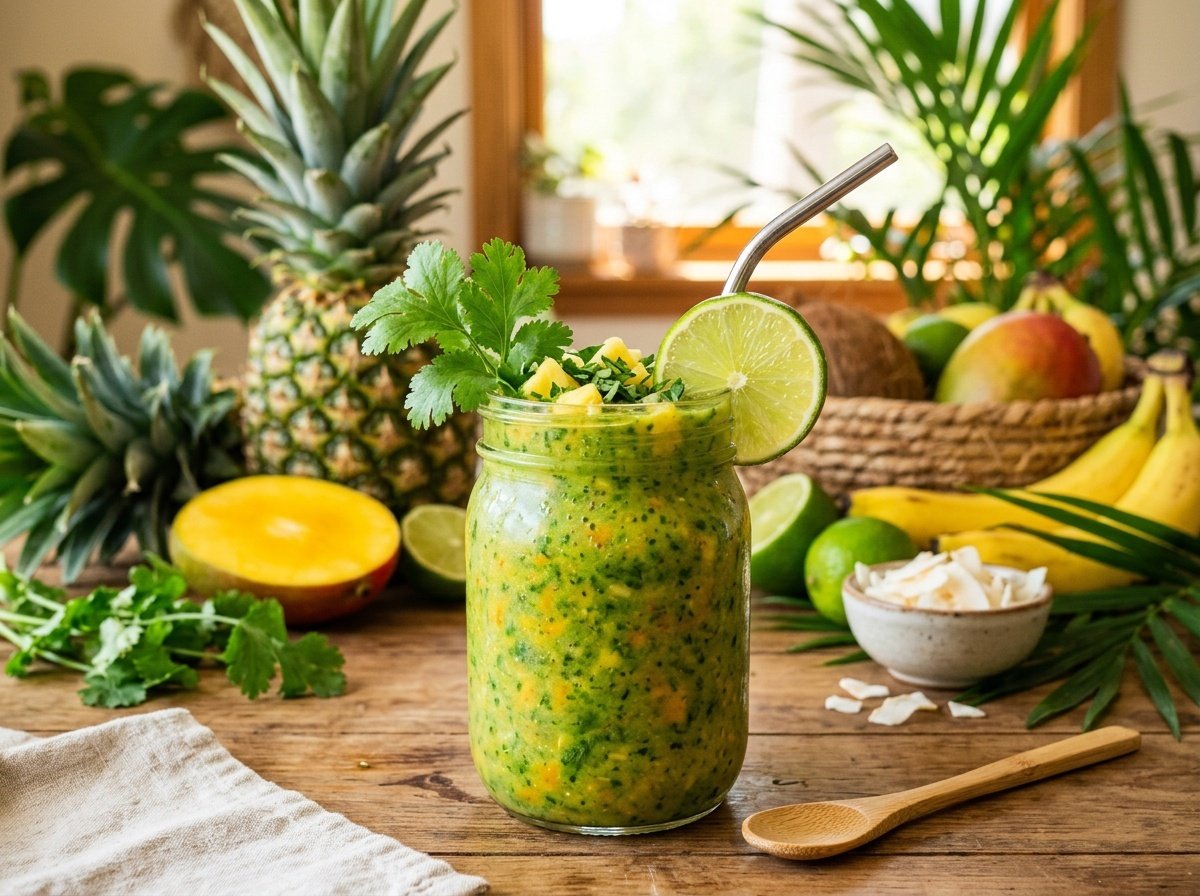Zesty Tropical Cilantro Detox Smoothie Recipe A tropical cilantro detox smoothie in a glass garnished with cilantro and lime, surrounded by fresh tropical fruits.