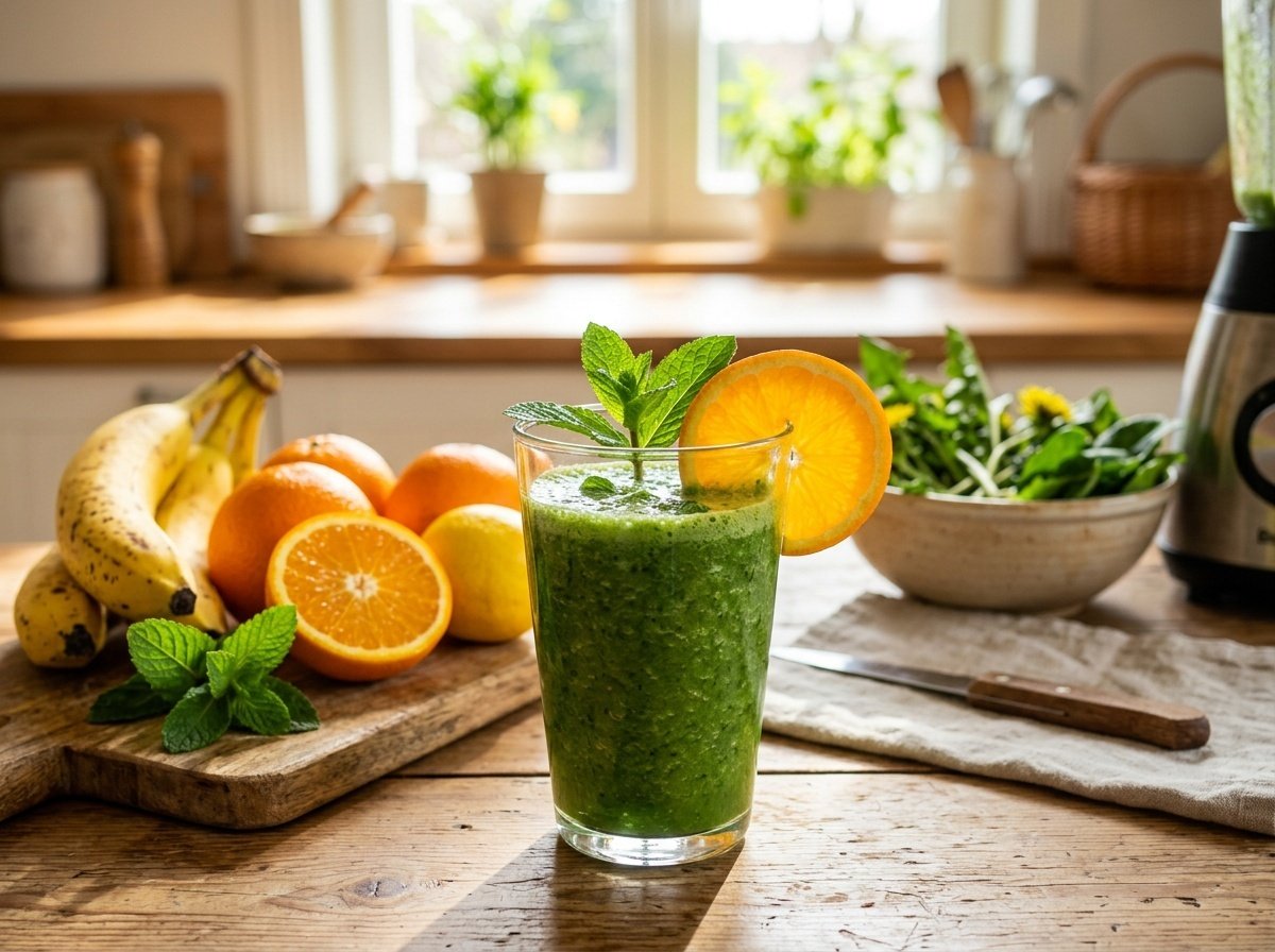 A green detox smoothie made with dandelion greens and citrus fruits, garnished with an orange slice and mint.