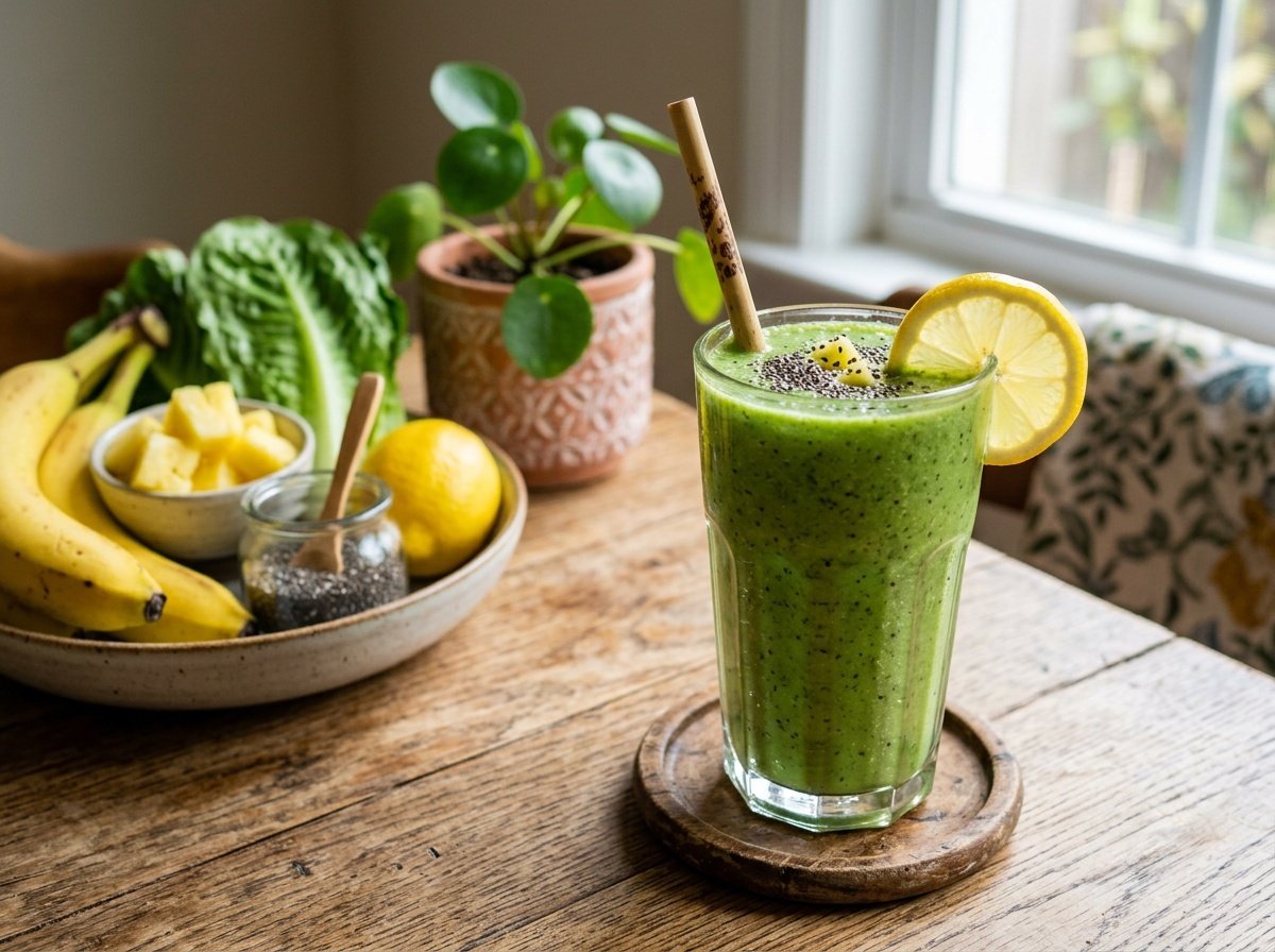 Crisp Romaine Detox Smoothie Recipe Refreshing green Romaine Detox Smoothie in a glass, garnished with lemon slice and chia seeds, surrounded by fresh fruit.