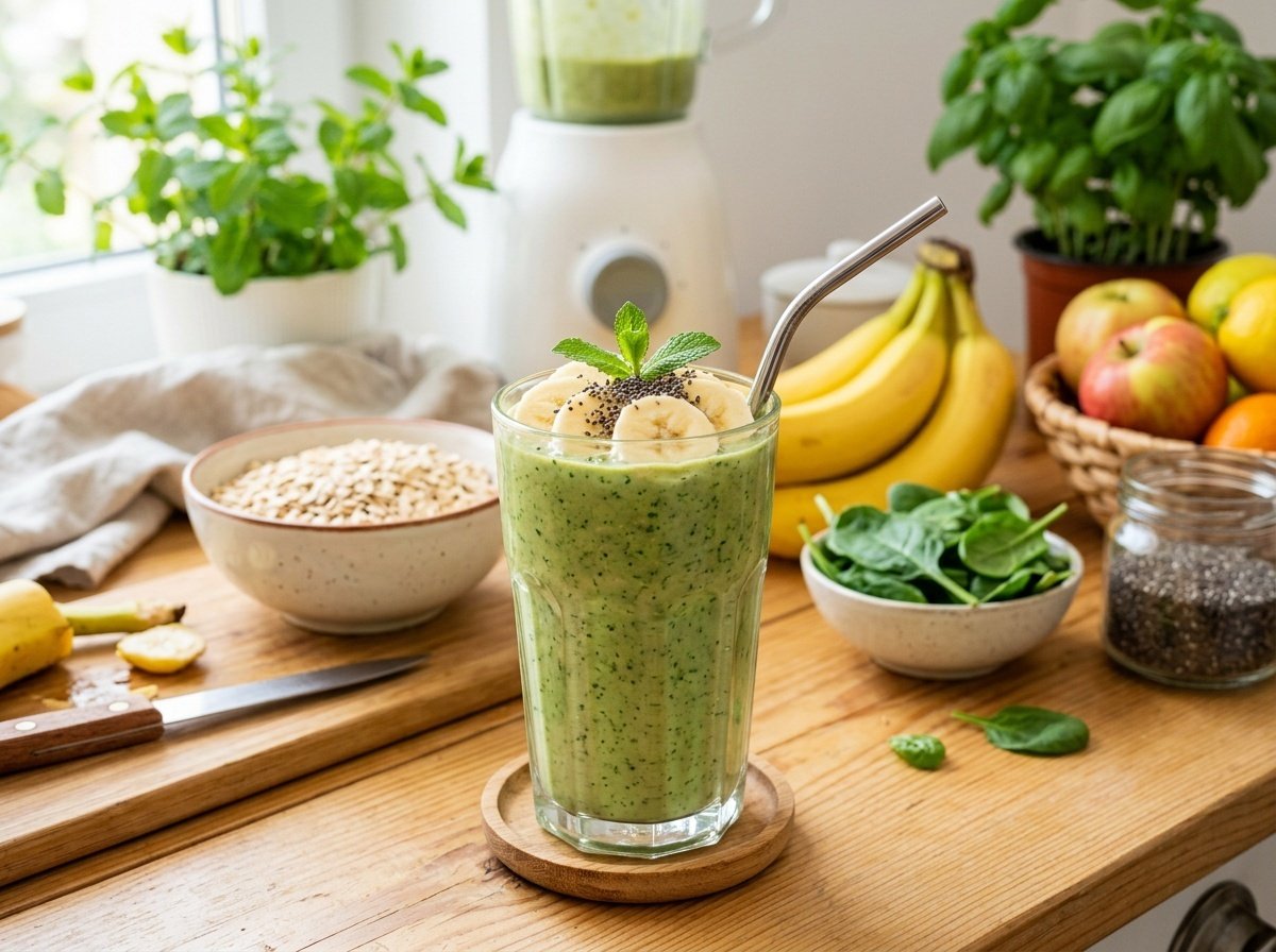 A creamy oatmeal detox smoothie in a glass with chia seeds and banana slices on top, surrounded by fresh fruits.