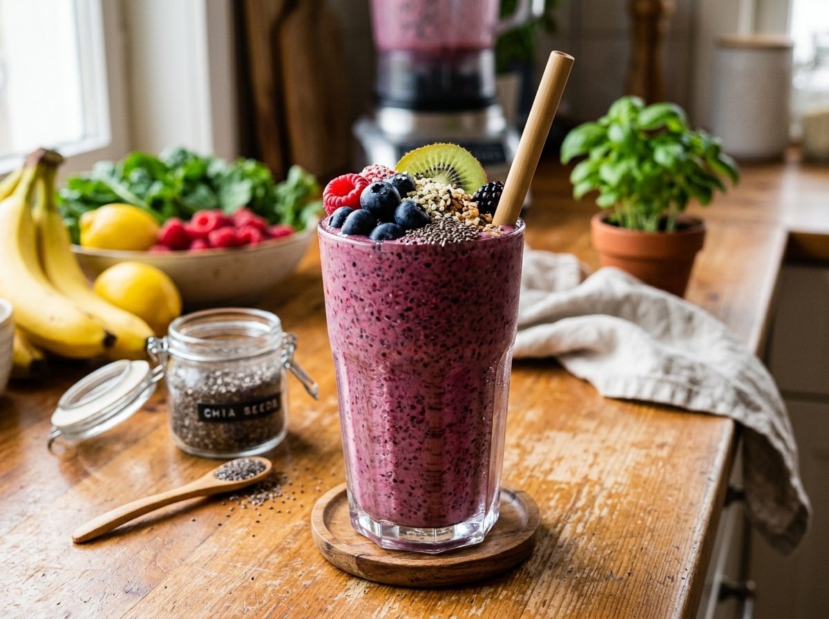 A creamy chia seed detox smoothie topped with berries and chia seeds, served in a glass with a straw.