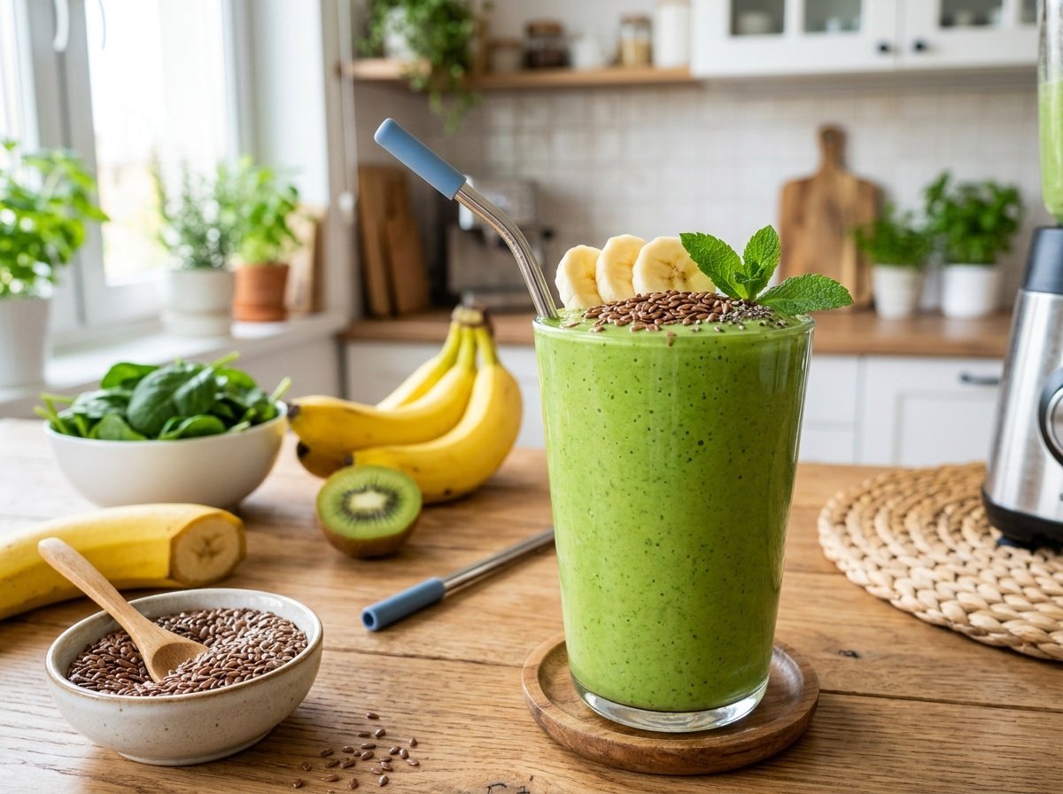 A green detox smoothie in a glass, with banana and flaxseeds garnish, against a bright kitchen setting.