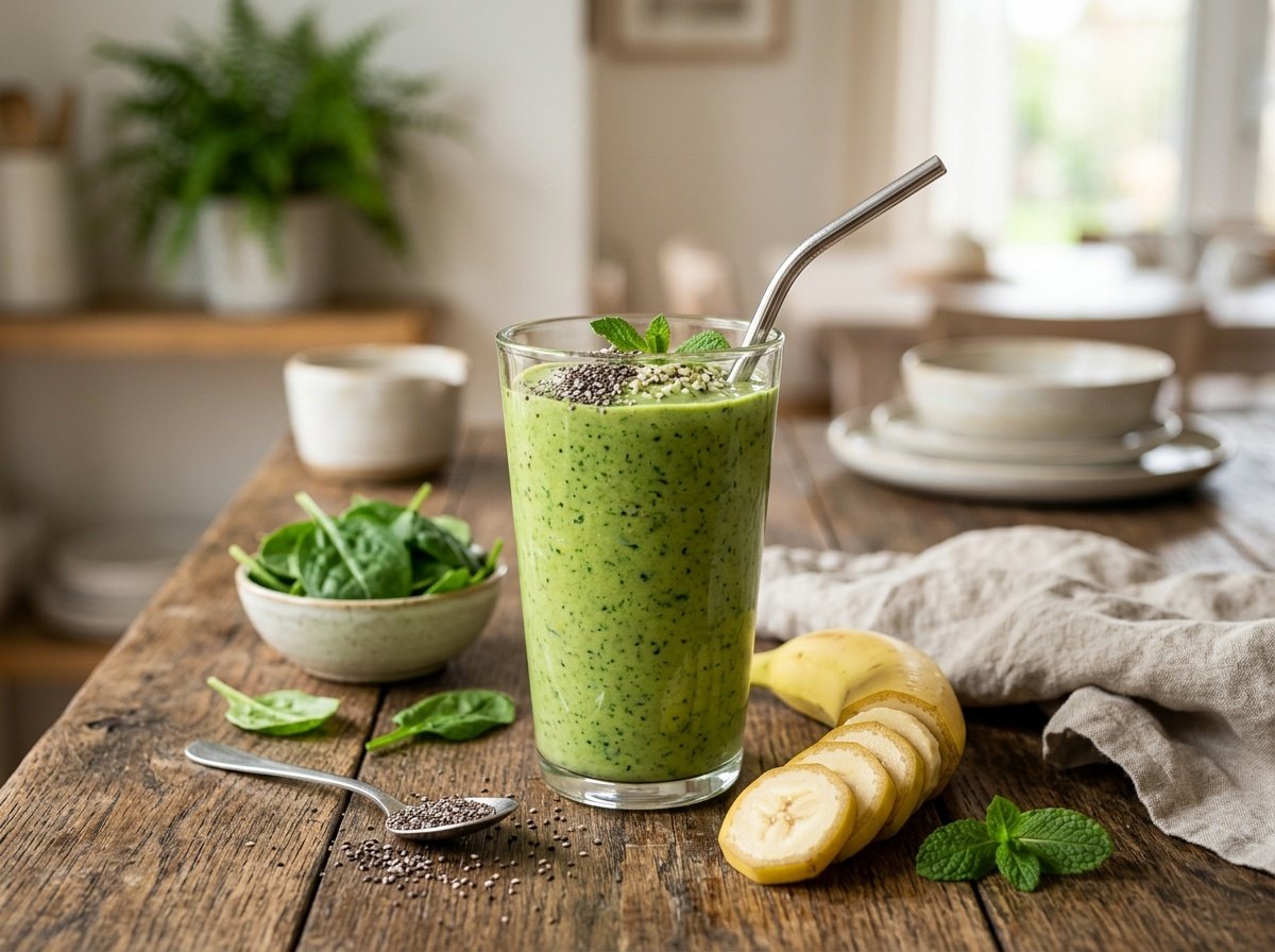 Energizing Matcha Detox Smoothie Recipe A refreshing green matcha detox smoothie in a glass, garnished with chia seeds, on a wooden table with fresh spinach and banana.