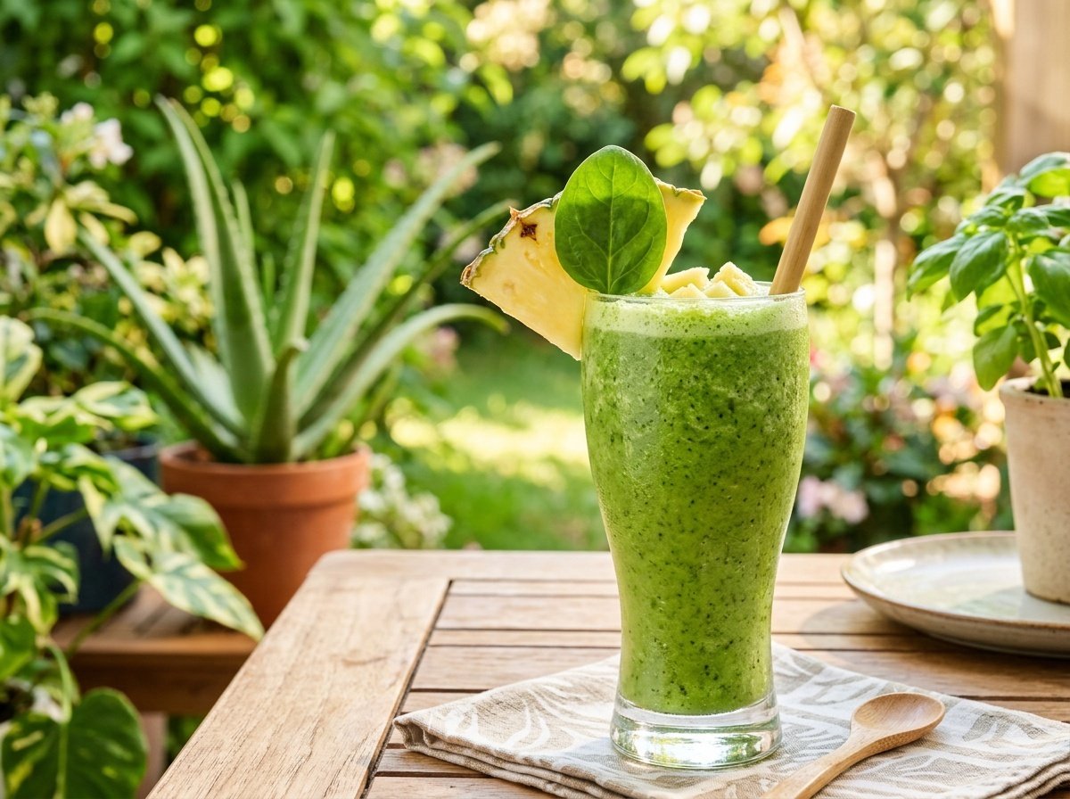 A refreshing green aloe vera detox smoothie with pineapple and spinach, garnished with pineapple on a summer-themed background.