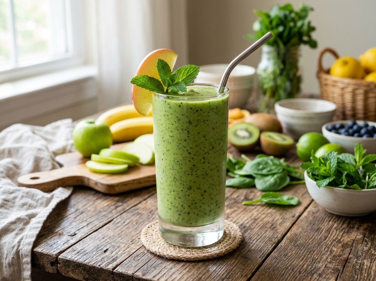 A refreshing green apple cider vinegar detox smoothie with a slice of apple and mint garnish on rustic table.