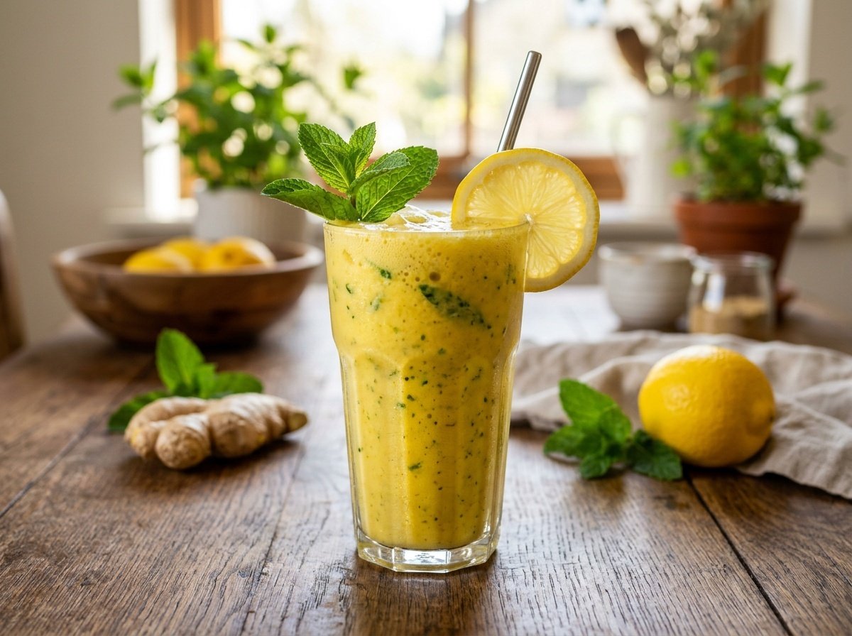 A zesty lemon ginger detox smoothie in a glass, garnished with lemon and mint, on a wooden table with ginger and lemon in the background.