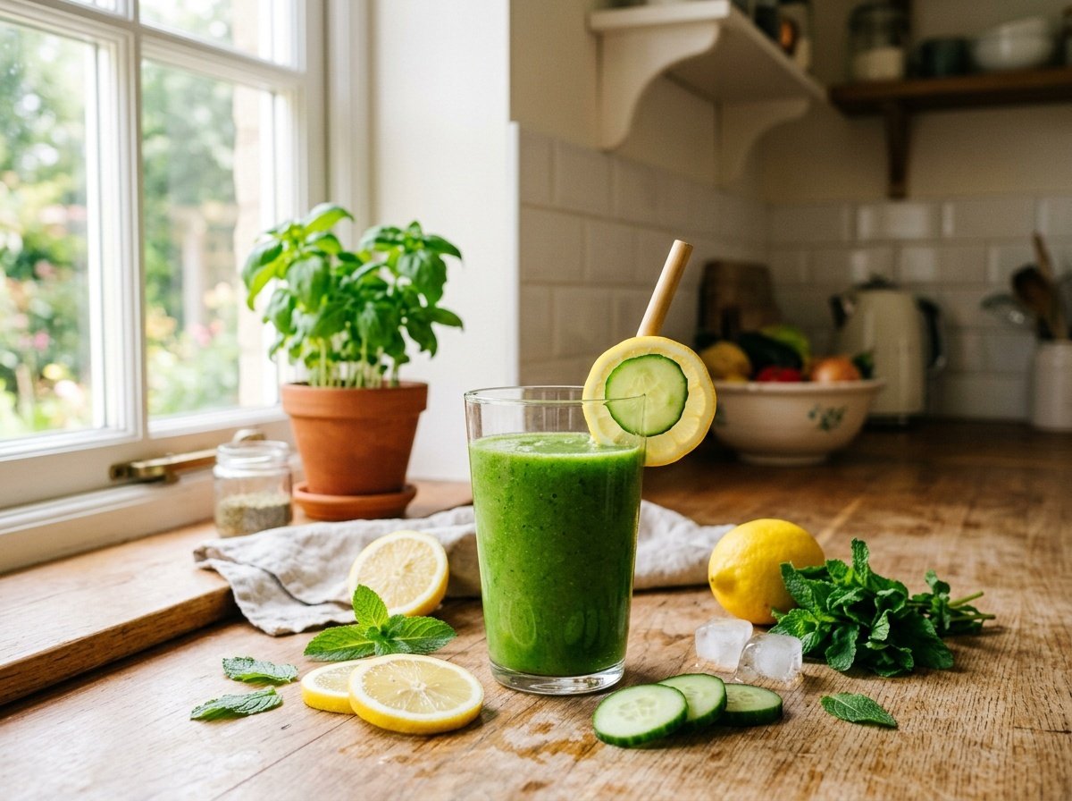 A clear glass of lemon cucumber detox smoothie surrounded by fresh lemon slices and cucumber, in a bright kitchen.