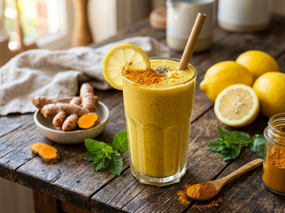 Golden lemon turmeric detox smoothie in glass, garnished with lemon slice and turmeric, on a wooden table.