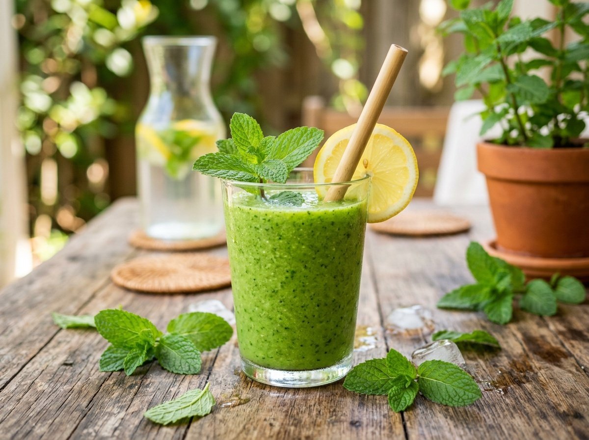 Refreshing Lemon Mint Detox Smoothie Recipe A glass of bright green lemon mint detox smoothie with mint leaves and lemon slice, placed on a rustic wooden surface.