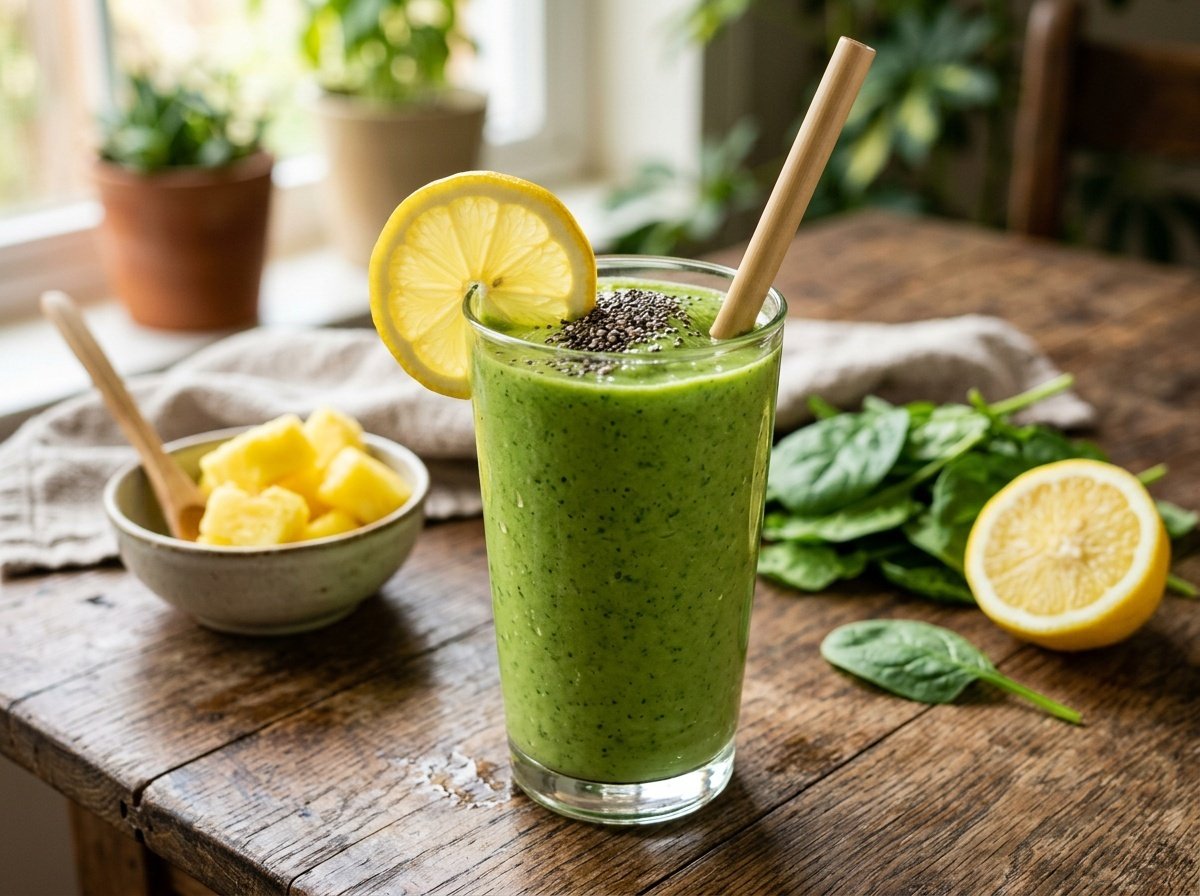 A refreshing green lemon spinach smoothie in a glass with lemon slice and chia seeds.