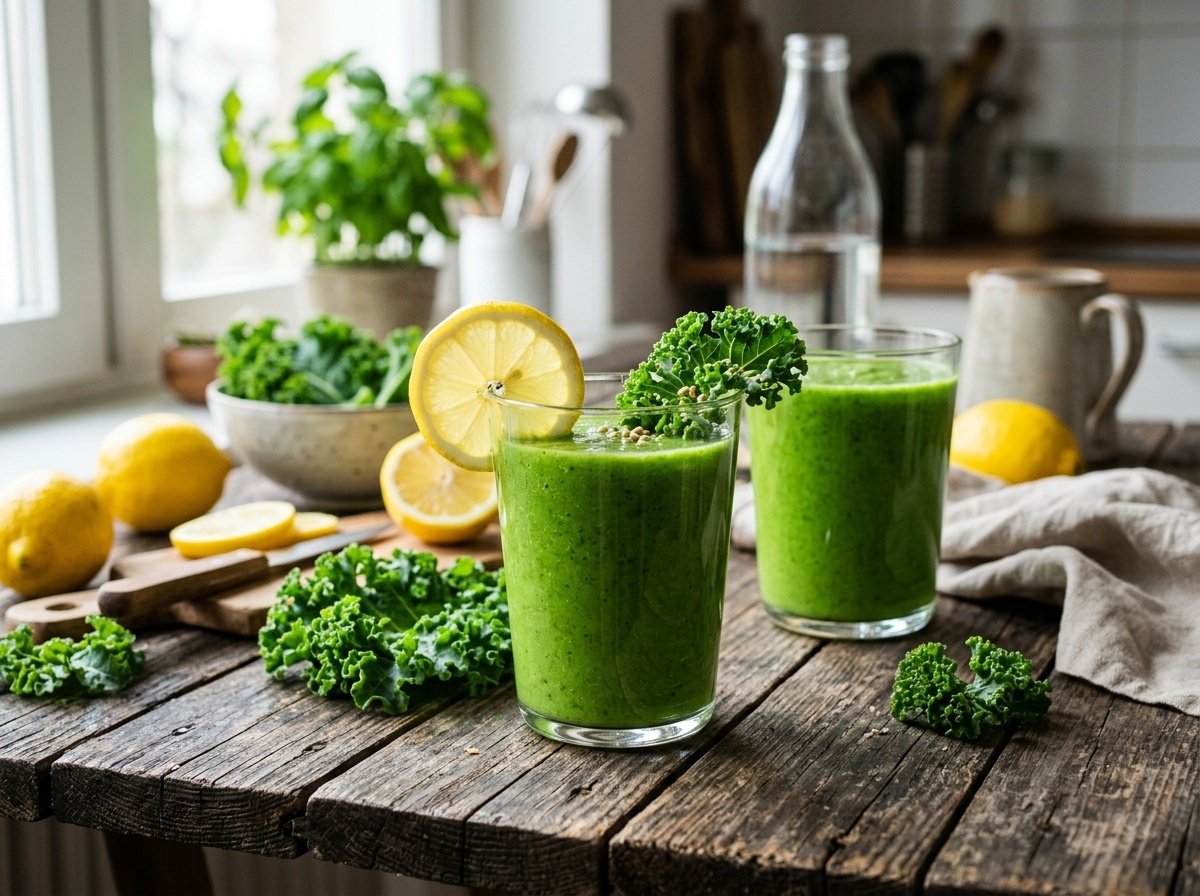 Bright green Lemon Kale Detox Smoothie in clear glasses, garnished with lemon and kale.