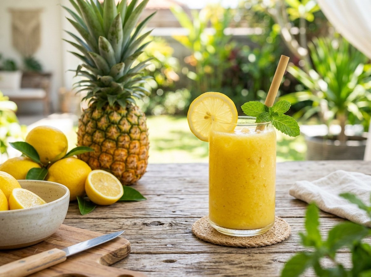 A bright yellow Tropical Lemon Pineapple Detox Smoothie in a glass, garnished with lemon and mint, on a wooden table.