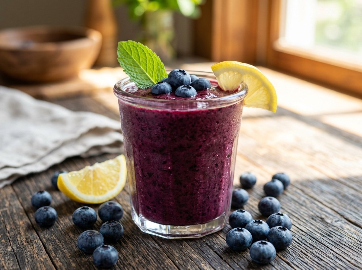 A refreshing lemon blueberry detox smoothie in a glass with blueberries and lemon on a rustic background.