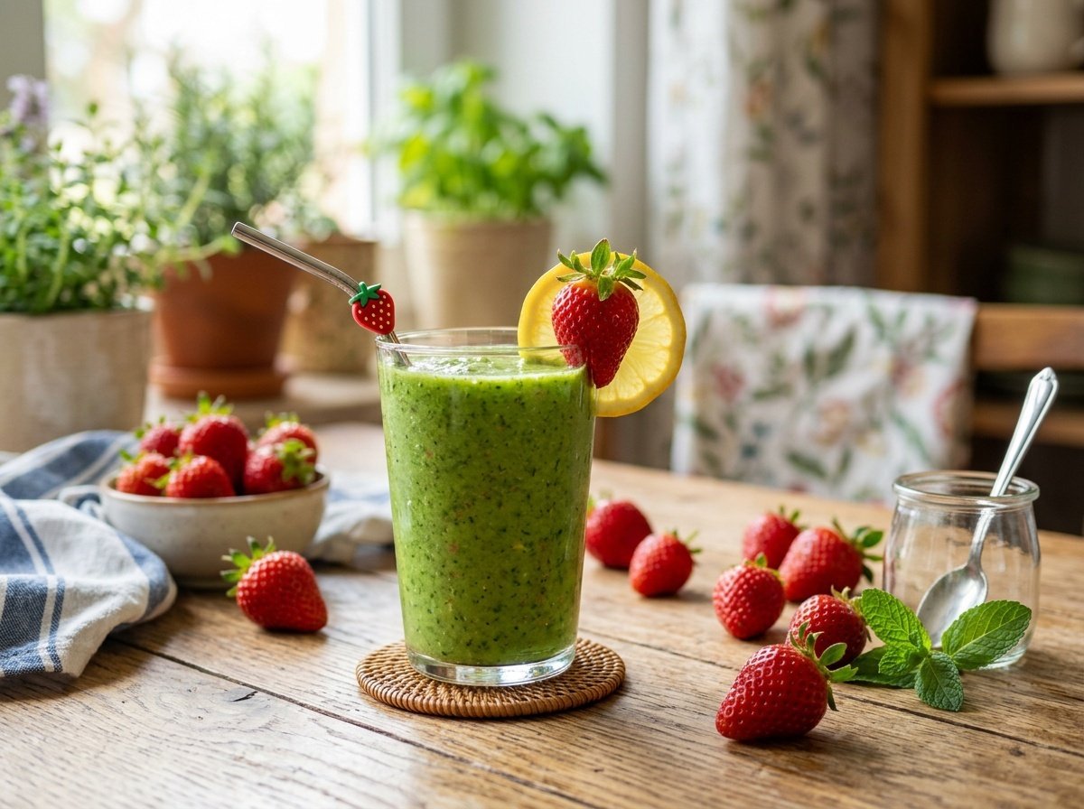 A refreshing lemon strawberry detox smoothie in a glass, garnished with a lemon slice and a berry.