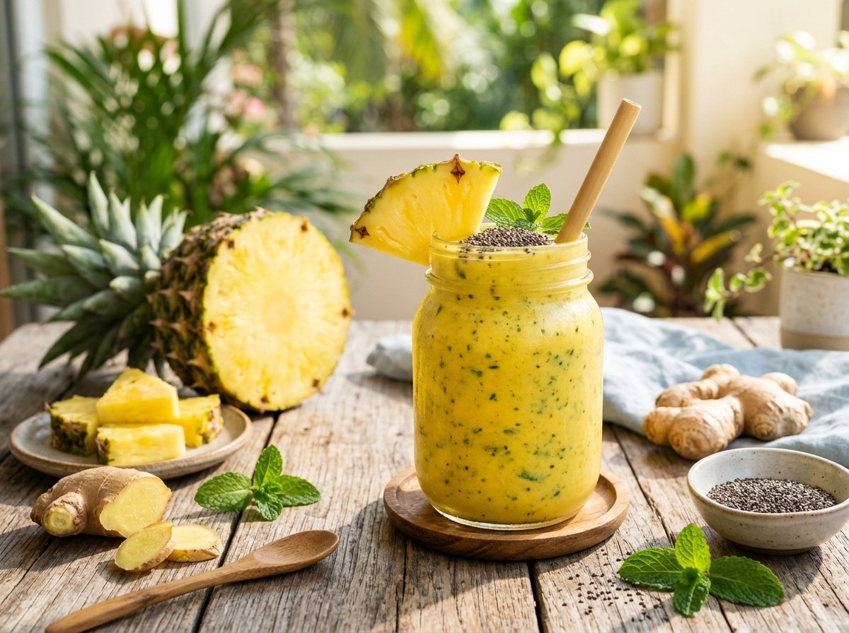 Tropical pineapple ginger smoothie in a glass topped with pineapple slice and chia seeds, surrounded by pineapple and ginger on a wooden table.