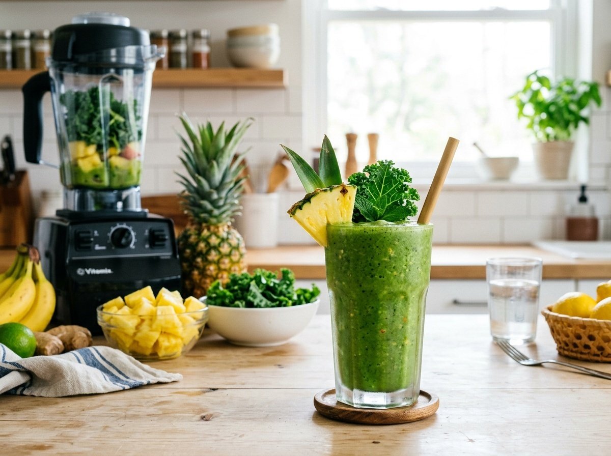 A green smoothie made with pineapple and kale, garnished with pineapple slice and kale, against a kitchen backdrop.
