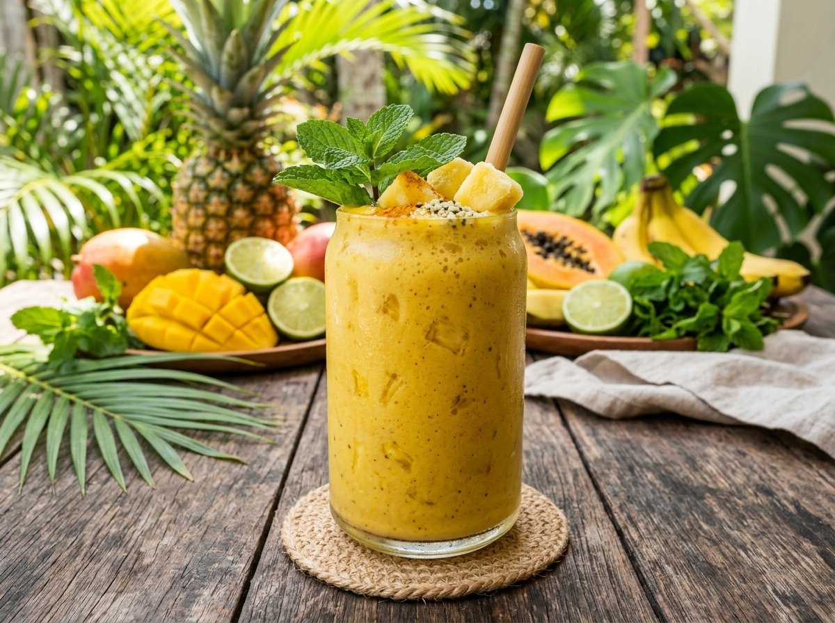 Golden pineapple turmeric smoothie in a glass, garnished with mint leaves, surrounded by fresh tropical fruits.