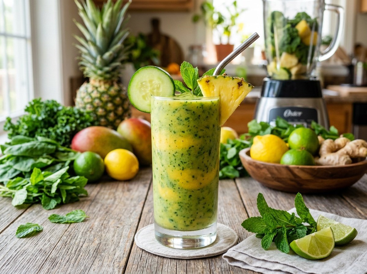 Cooling Pineapple Cucumber Detox Smoothie Recipe Refreshing pineapple cucumber smoothie in a glass, garnished with cucumber and pineapple slices.