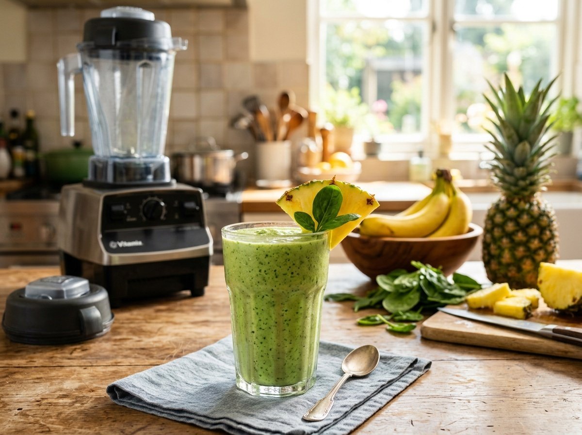 A refreshing green smoothie made of banana and spinach with pineapple, garnished with a slice of pineapple.