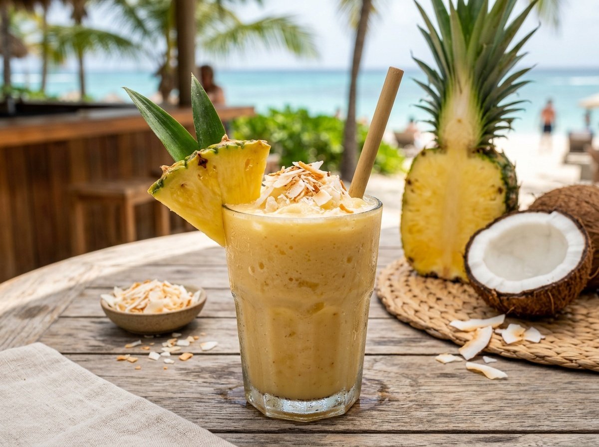 Creamy Pineapple Coconut Detox Smoothie Recipe A refreshing pineapple coconut smoothie garnished with pineapple slice and coconut flakes, surrounded by tropical fruits.