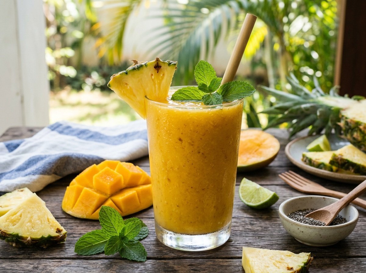 A refreshing glass of pineapple mango detox smoothie, garnished with mint, on a wooden table with tropical fruits.