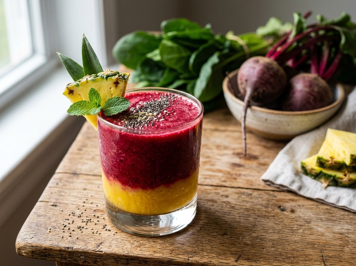Vibrant Pineapple Beet Detox Smoothie Recipe A colorful beet and pineapple detox smoothie in a glass, garnished with pineapple and chia seeds, surrounded by leafy greens and beets.