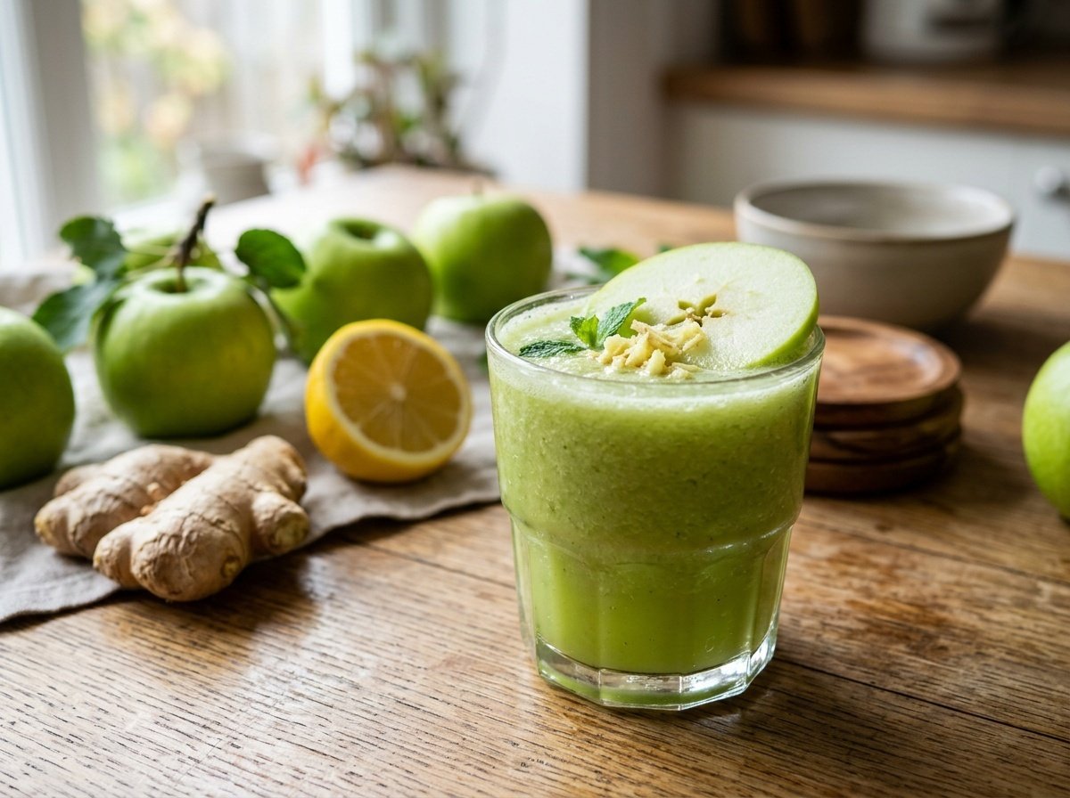 A refreshing apple ginger detox smoothie in a glass with apple slice and ginger garnish, surrounded by fresh ingredients.