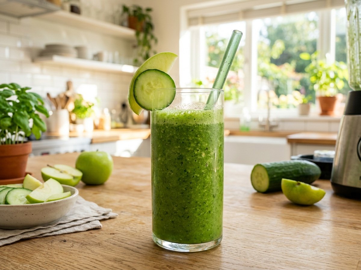 Refreshing Apple Cucumber Detox Smoothie Recipe A tall glass of green apple cucumber detox smoothie with cucumber slice and apple wedge garnish.