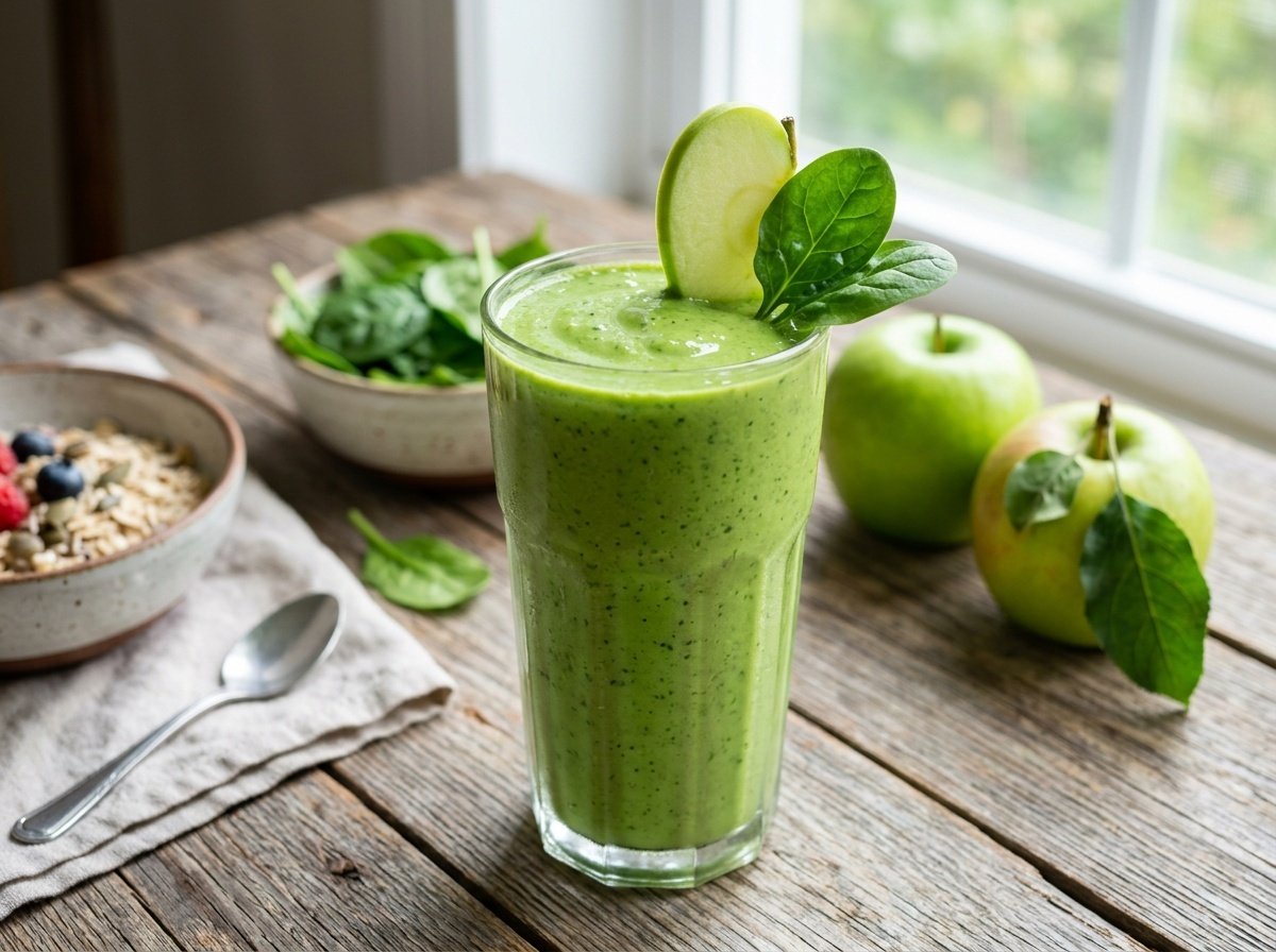 A tall glass of creamy green apple spinach detox smoothie with apple slice and spinach garnish on a wooden table.
