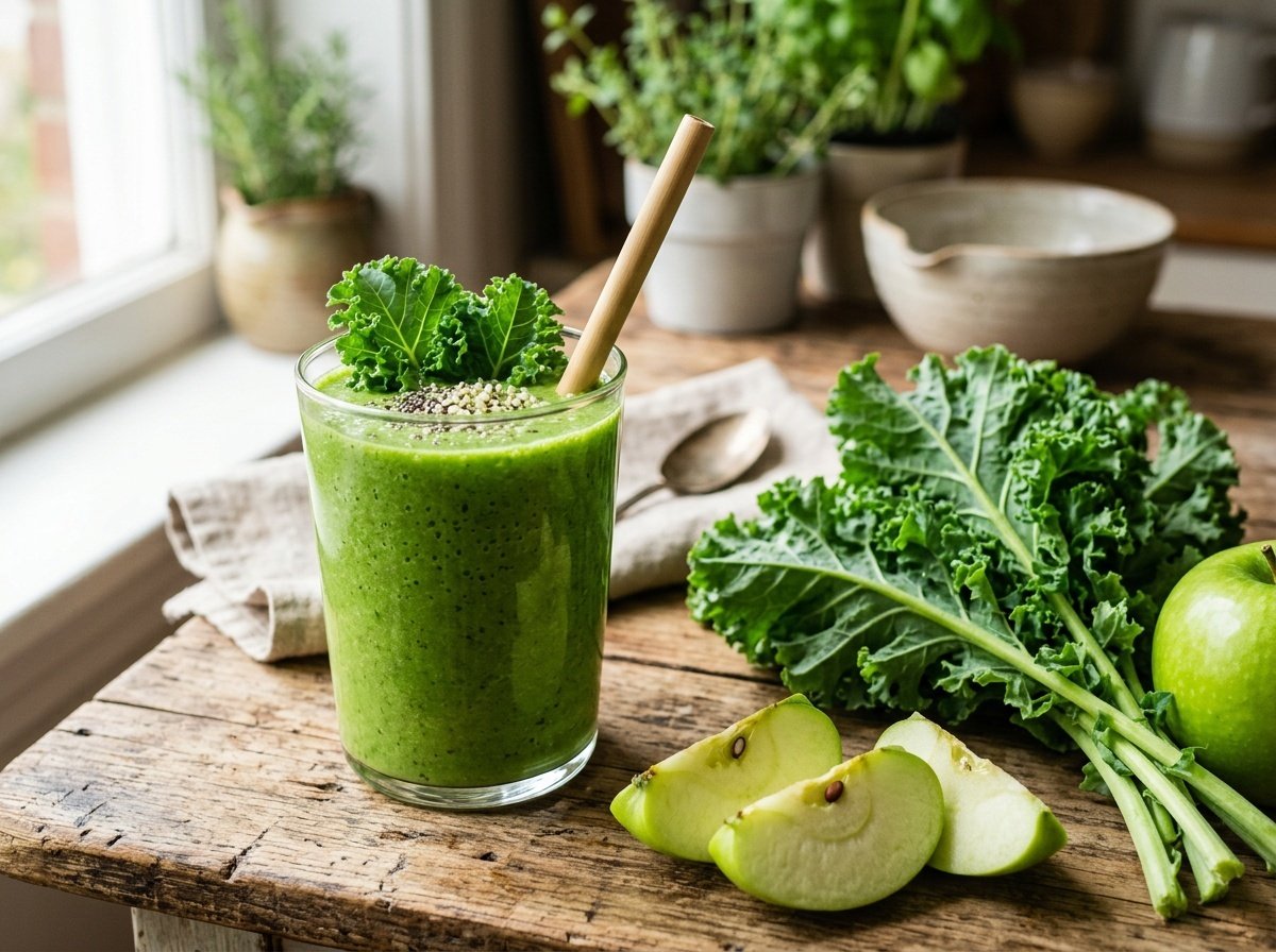 Fresh Apple Kale Detox Smoothie Recipe A green smoothie made with kale and apple in a clear glass, with fresh kale leaves and sliced apple nearby, on a rustic wooden table.