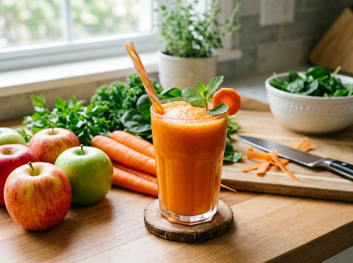Naturally Sweet Apple Carrot Detox Smoothie Recipe A bright orange apple carrot detox smoothie in a clear glass with apples and carrots around it on a kitchen countertop.