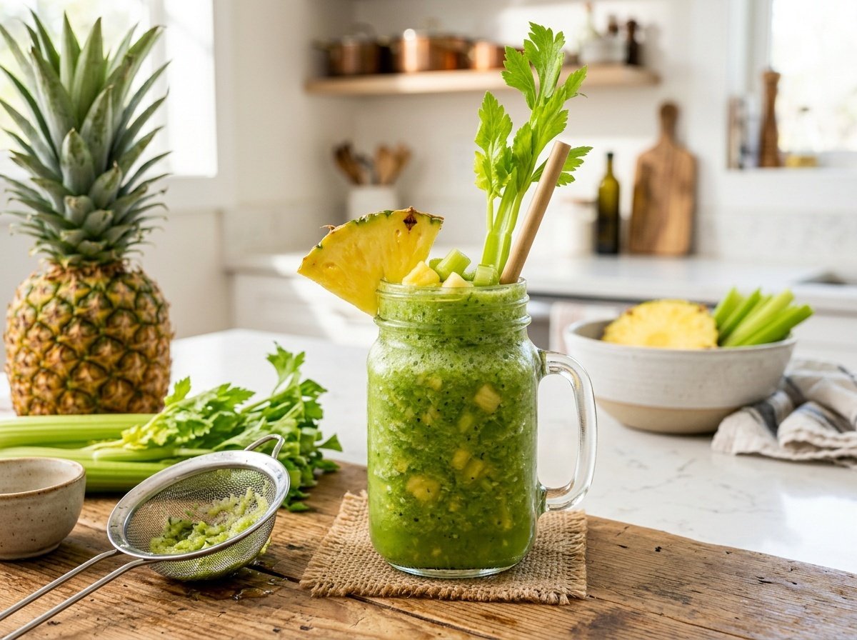 A crisp green detox smoothie made with pineapple and celery, garnished with pineapple slice and celery stick.